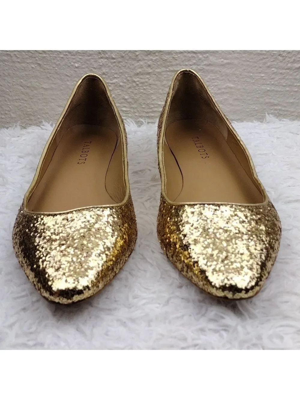 Talbots Gold Glitter Metallic Closed Almond Toe Slip On Leather Lined Flat Shoe